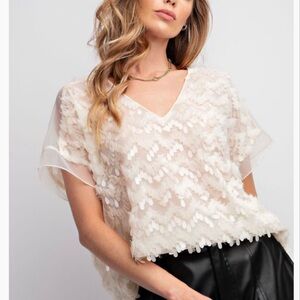 Easel Sheer Ivory Sequin V-Neck Women’s Top NWT Size M Perfect for Spring/Summer